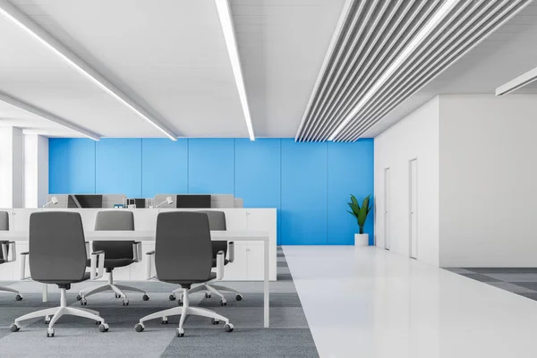 蓝色和白色现代办公室内部 — 图库照片