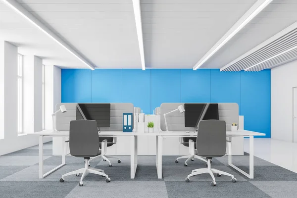 White and blue office workplace interior