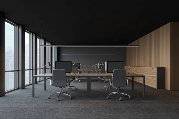 Szare i drewniane wnętrze biura — Zdjęcie stockowe
