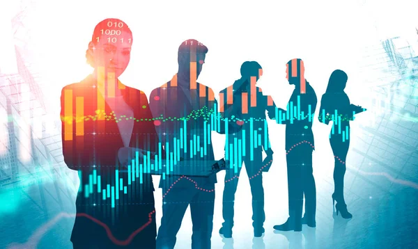 Business team with woman leader, virtual graph — Stock Photo, Image