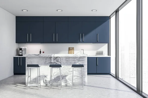 Dark blue kitchen interior with bar — Stock Photo, Image