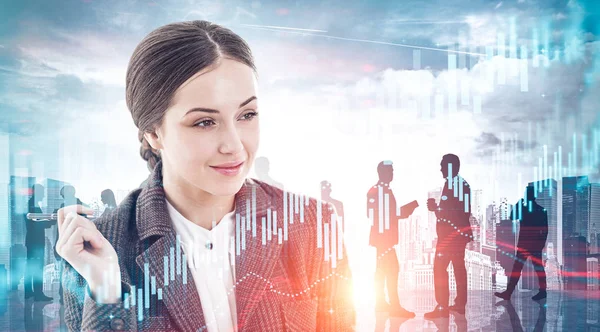 Businesswoman with pen and her team of brokers — Stock Photo, Image