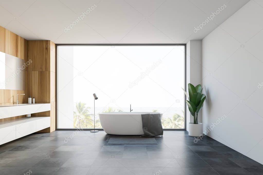 Wooden and white bathroom interior
