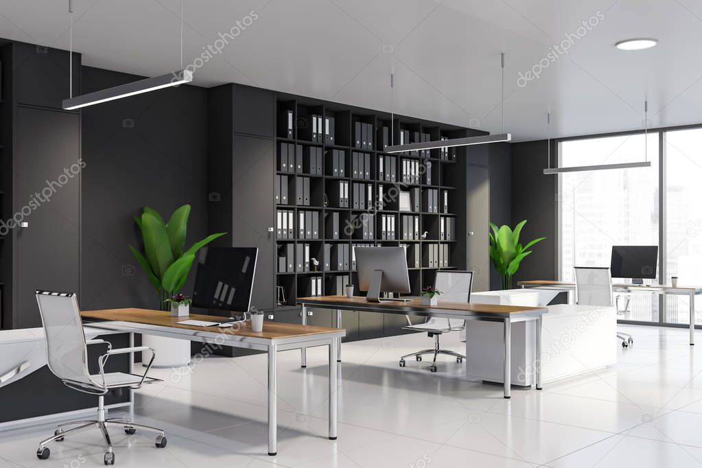 Gray office interior with bookcases