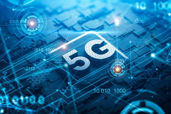 Scheda di circuito 5G con ologramma di rete e HUD — Foto Stock