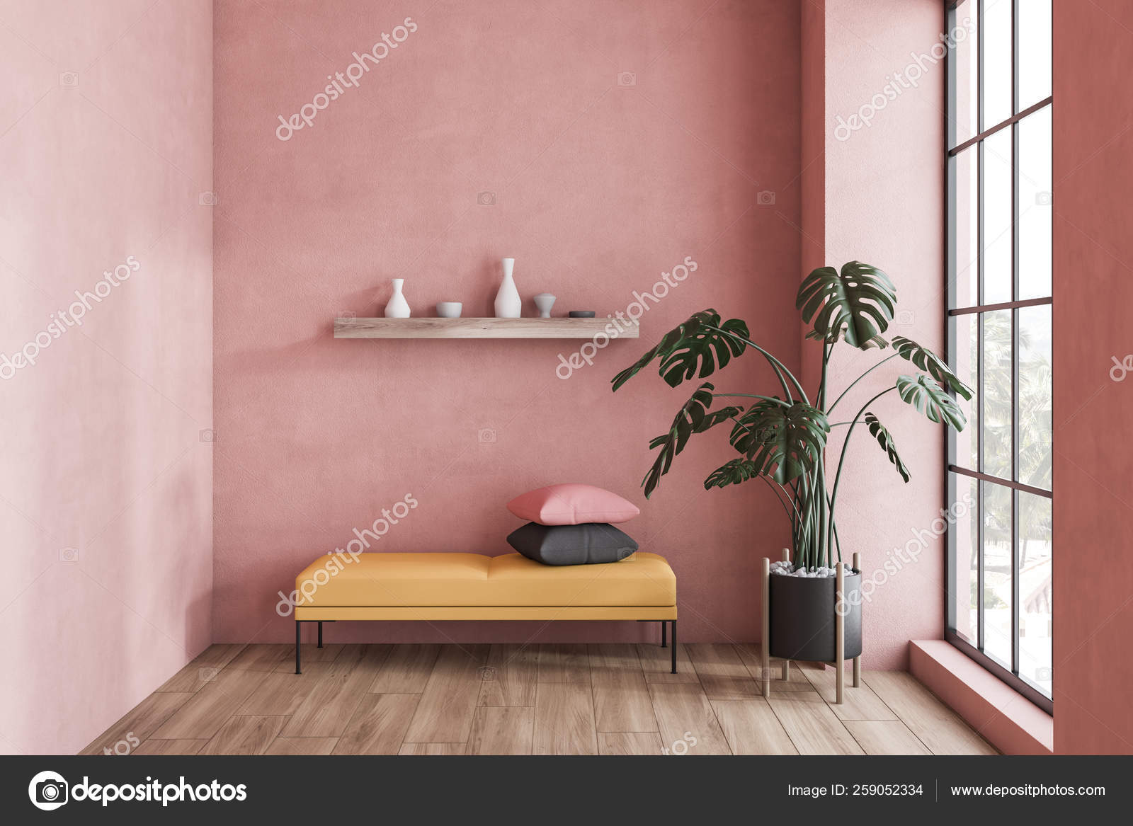 Pink Living Room With Bench And Shelf Stock Photo