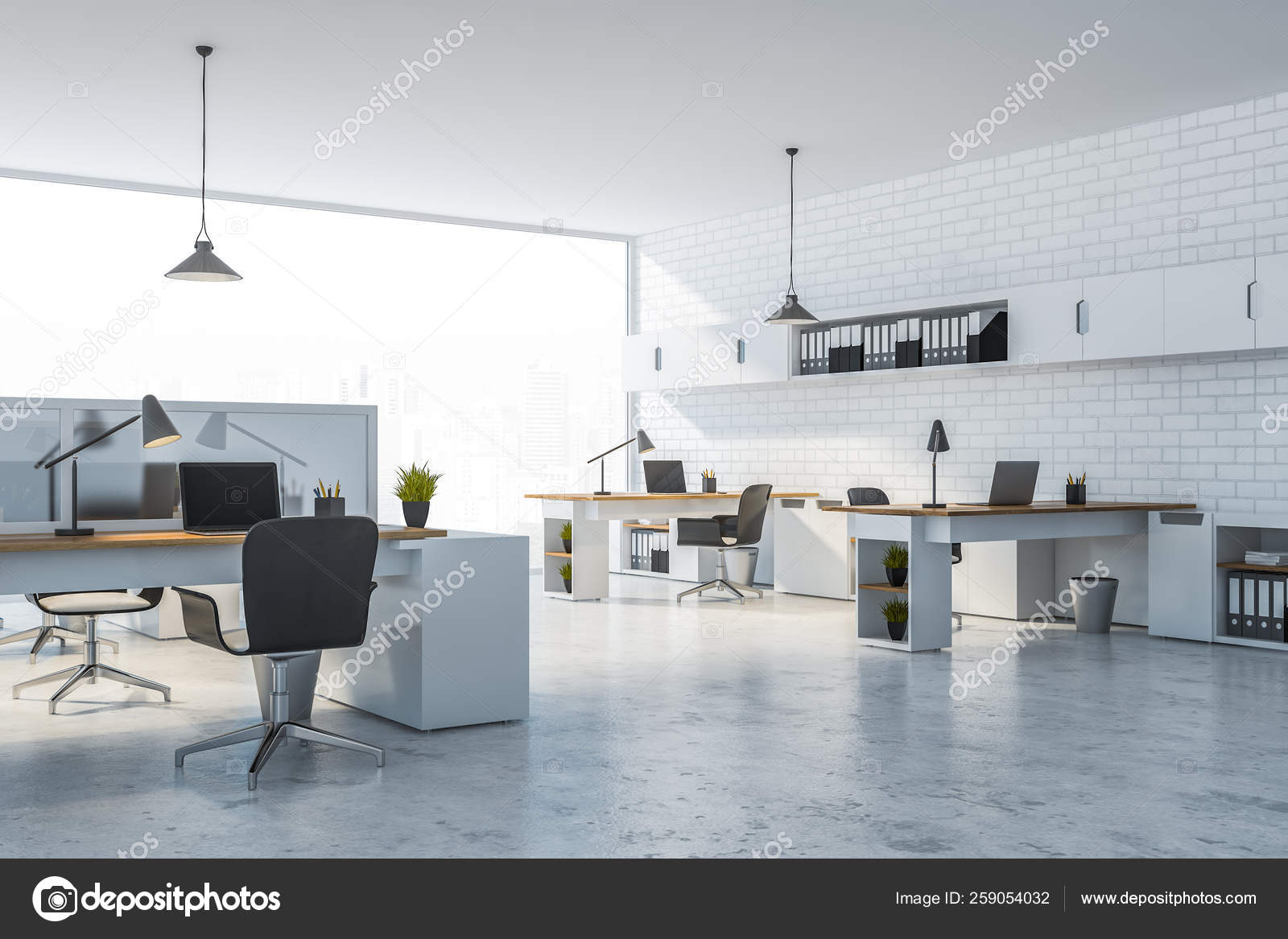 White Brick Office With White Shelves Stock Photo