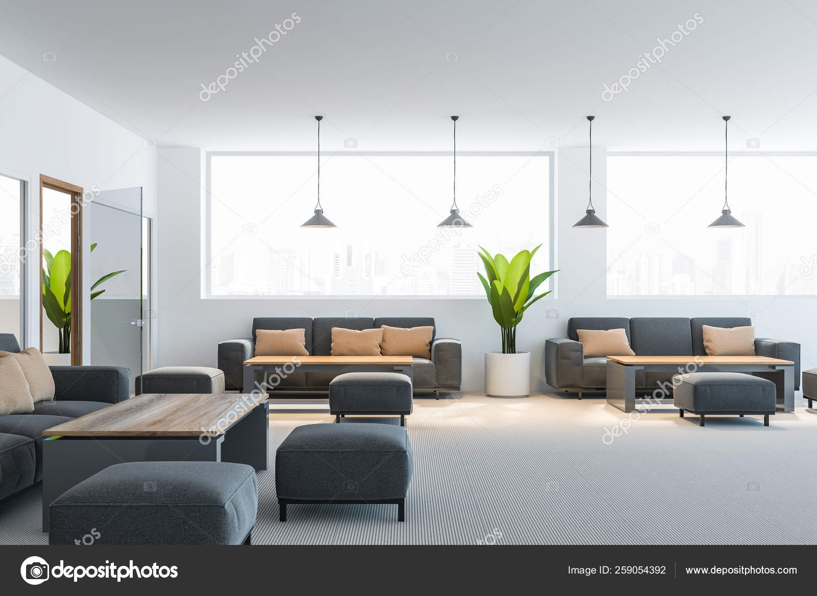 Large waiting room in white office Stock Photo by ©denisismagilov 259054392