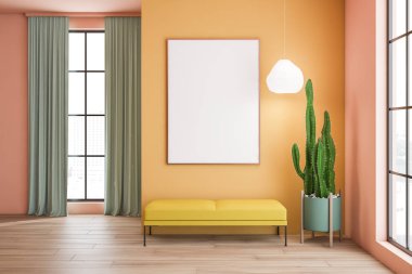 Sarı oturma odasında bank ve poster var.