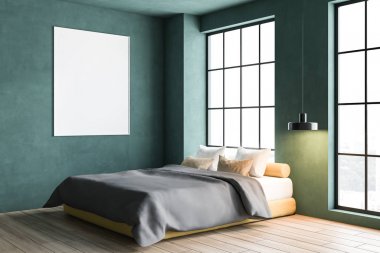 Posterli yeşil yatak odası köşesi