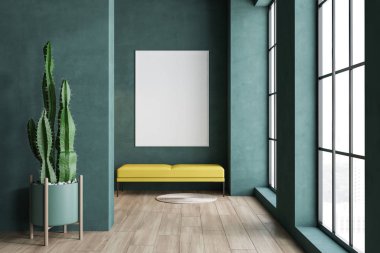 Bank ve afiş ile yeşil oturma odası