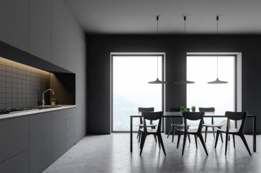 Masa ve tezgahile Loft gri mutfak