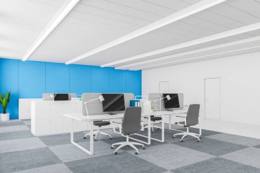 Modern beyaz ve mavi ofis köşesi