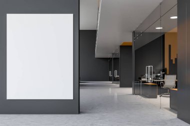 Gri ofis lobisinde dikey poster