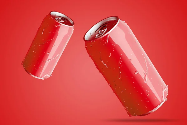 Dos latas de aluminio rojo con gotas de agua —  Fotos de Stock