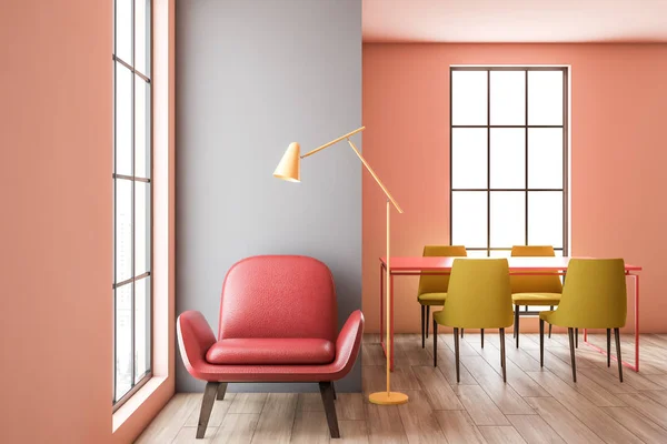 Cinza e rosa sala de jantar interior, poltrona — Fotografia de Stock