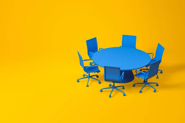 Set of blue conference room furniture on yellow