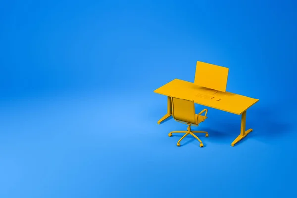 Yellow computer table and chair set on blue — 스톡 사진