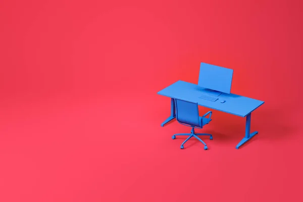 Mesa de computador azul e cadeira definida no vermelho — Fotografia de Stock