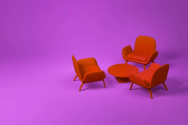 Czerwone meble w salonie ustawione na fioletowo — Zdjęcie stockowe