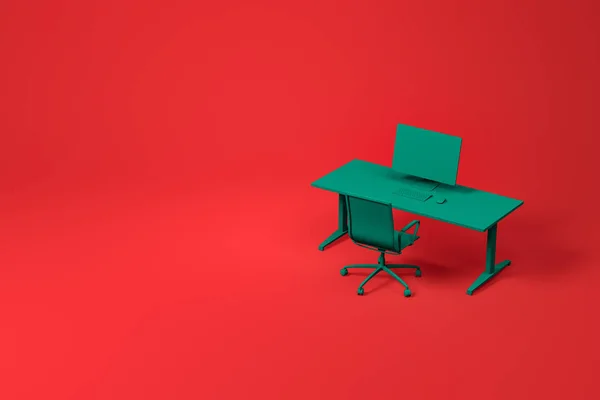 Mesa de computador verde e cadeira definida no vermelho — Fotografia de Stock