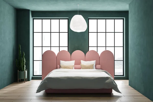 Green bedroom interior with large windows — Stock Photo, Image