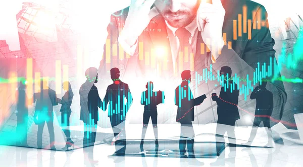 Businessman and his team, virtual graph — Stock Photo, Image