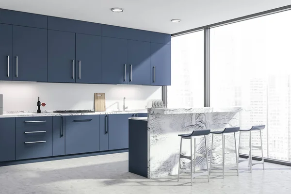 Dark blue kitchen corner with bar