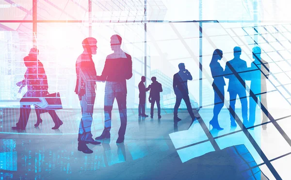 Panoramik ofiste iş adamları siluetleri