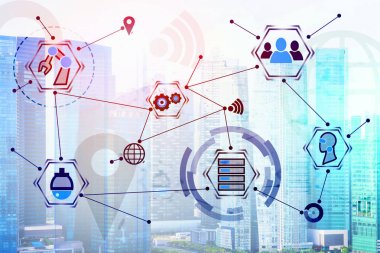 Güneşli şehir üzerinde sanal dijital arayüz