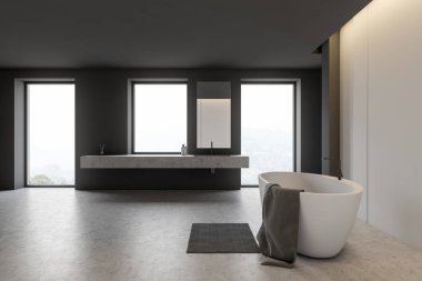 Geniş gri ve ahşap banyo iç