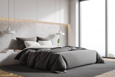 Loft beyaz ve taş yatak odası köşesi