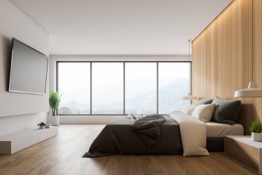 Televizyonlu beyaz ve ahşap yatak odası