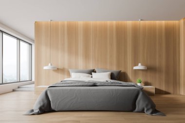 Beyaz ve ahşap yatak odasının içi merdivenlerle dolu.