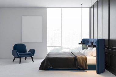 Posterile gri ve beyaz ana yatak odası