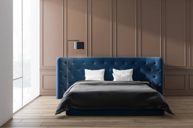 Mavi yataklı bej yatak odası iç