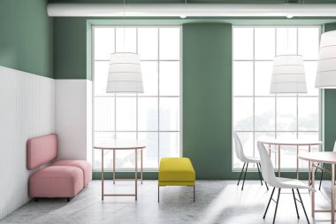 Parlak yeşil beyaz kafenin yan görünümü