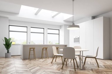 Beyaz mutfak köşesi, bar ve masa