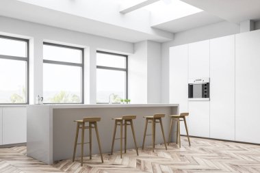 Beyaz mutfak köşesi, dolap ve bar.