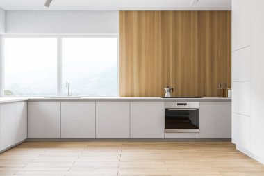 Beyaz ve ahşap panoramik mutfak