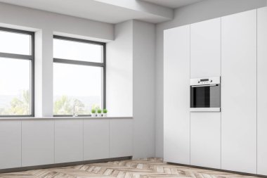 Tezgahları ve dolapları olan beyaz mutfak köşesi.