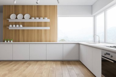 Raflı beyaz ve ahşap panoramik mutfak