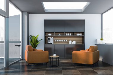 Beyaz ofis bekleme odası. İç mekan, kahve makinesi.