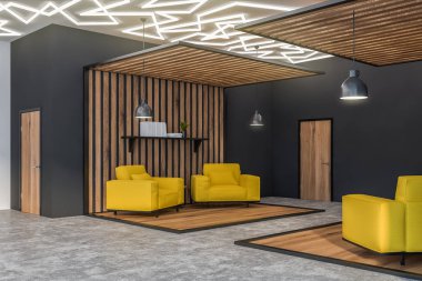 Koltuklar ile geniş gri ofis salonu