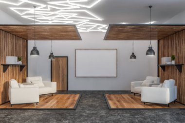 Posterli geniş beyaz ofis salonu