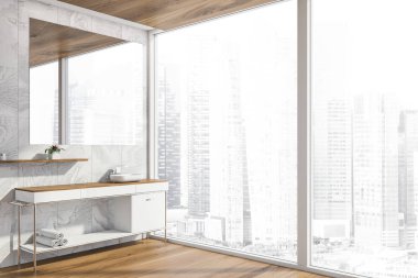 Şehir manzaralı ve lavabolu panoramik banyo