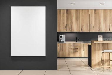 Poster ile gri ve ahşap mutfak iç