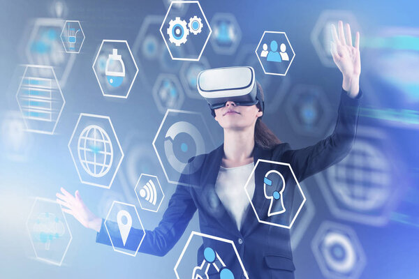Woman in VR headset, digital business interface