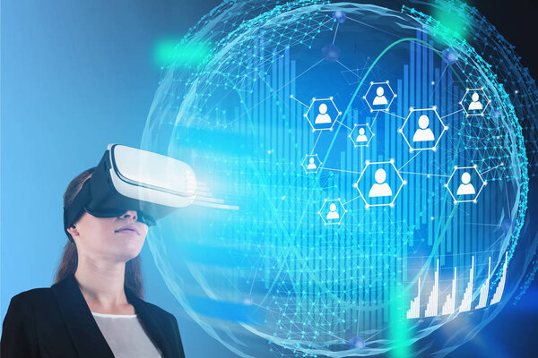Woman in VR headset looking at social network