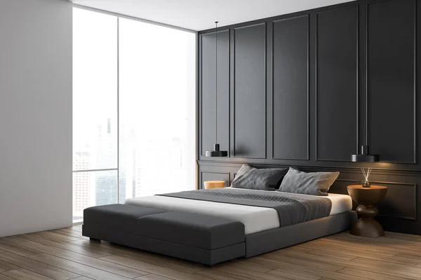 Minimalistiskt grått och vitt sovrum hörn — Stockfoto